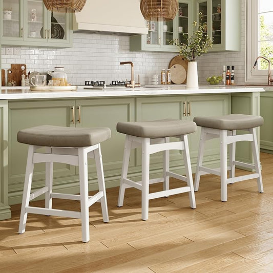 MAISON ARTS Beige Counter Height Bar Stools Set of 3 for Kitchen Counter Solid Wood Legs with Faux Leather Saddle Seat Farmhouse Barstools for 34"-38" Counter Island Upholstered Stools, 24in Height