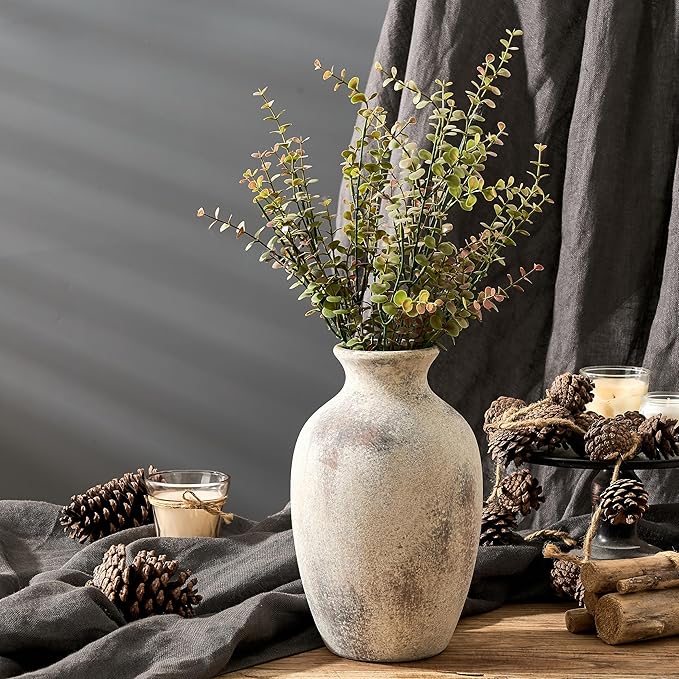 Large Ceramic Rustic Flower Vase, 10.43 Inch Tall Vintage Pottery Home Decor, Antique Farmhouse Terracotta Vase for Living Room, Table, Shelf, Mantel Decoration, Farmhouse - Natural Brown