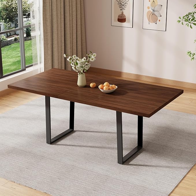 ZckyCine 63''-79'' Extendable Dining Table for 6-8 People, Walnut Finish Modern Rectangular Kitchen Table with Metal Legs, Expandable Dinner Table for Dining Room or Kitchen