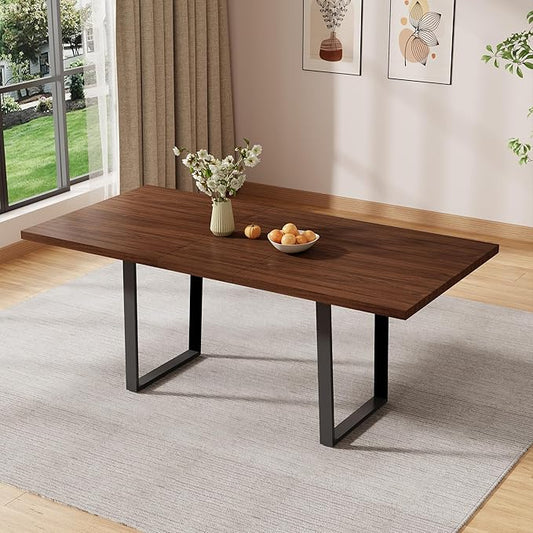ZckyCine 63''-79'' Extendable Dining Table for 6-8 People, Walnut Finish Modern Rectangular Kitchen Table with Metal Legs, Expandable Dinner Table for Dining Room or Kitchen