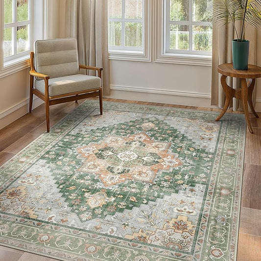 GENIMO 7x10 Area Rugs for Living Room, Machine Washable Non Slip Vintage Rugs, Low Pile Lightweight Chenille Print Rug for Bedroom, Dining Room, Home Office,Sage Green