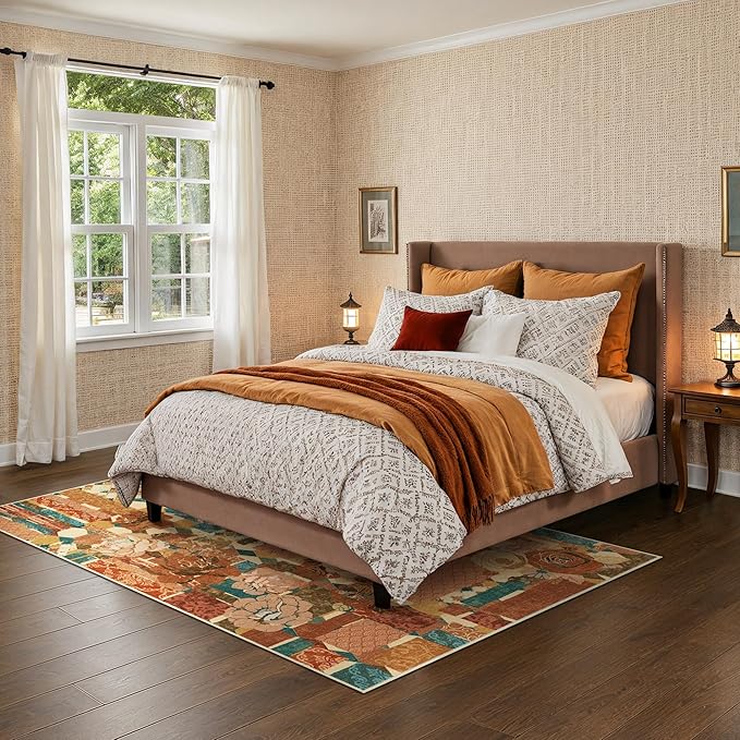 GENIMO 5X7 Floral Area Rugs for Living Room, Machine Washable Non Slip Vintage Patchwork Washable Rug, Ultra-Thin Low Pile Chenille Rugs for Bedroom, Dining Room, Rose Red