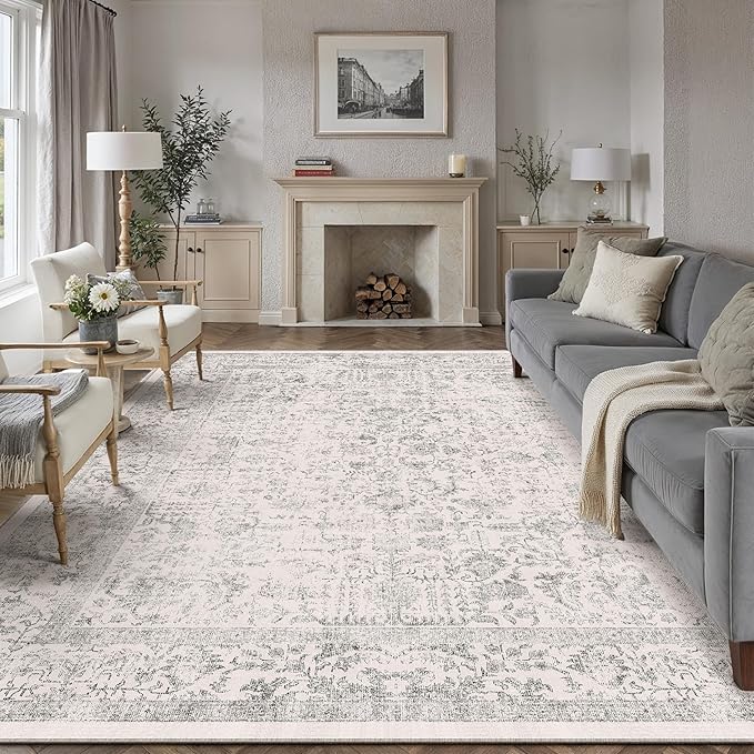 Gray Area Rug 9x12 Machine Washable Large Vintage Living Room Distressed Non Slip Carpet Traditional Indoor Bedroom Grey Retro Floral Accent Throw Rug for Office Kitchen Dining Room