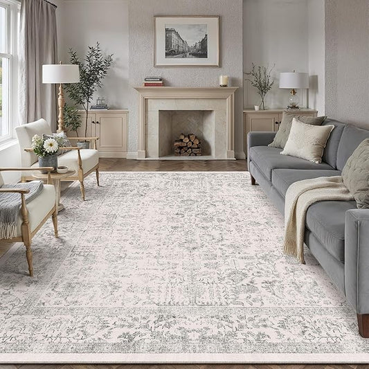 Gray Area Rug 9x12 Machine Washable Large Vintage Living Room Distressed Non Slip Carpet Traditional Indoor Bedroom Grey Retro Floral Accent Throw Rug for Office Kitchen Dining Room