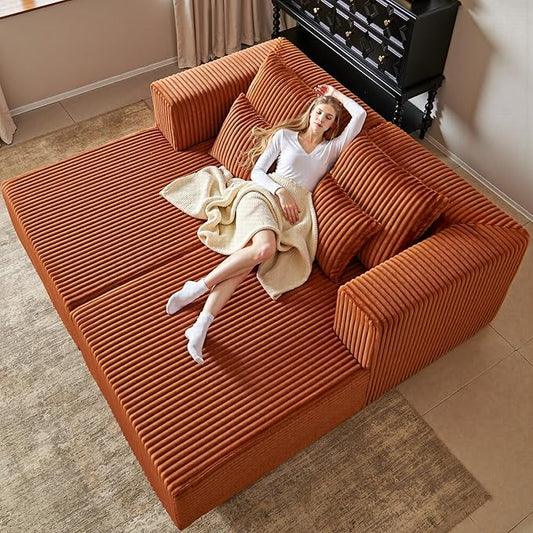 82" Oversized Chaise Lounge Chair, Corduroy Upholstered Sleeper Sofa with 4 Throw Pillows and Wide Armrest for Living Room, No Assembly Required Loveseat Couch, Orange