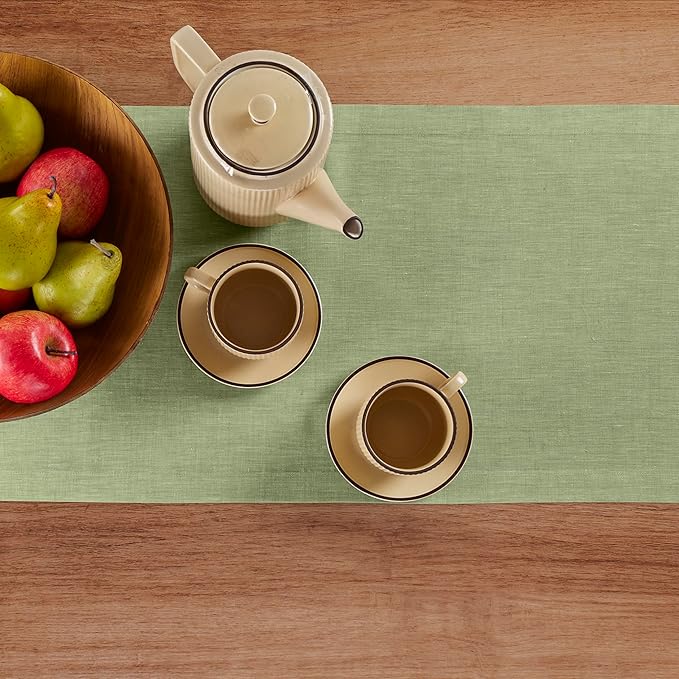 Solino Home Linen Small Table Runner 36 Inches - Athena, 100% Pure Linen Chambray Olive Table Runner 14 x 36 Inch Ideal for Dresser and Coffee Tables - Fall, Autumn, Halloween, Thanksgiving
