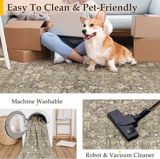 Brown Area Rug 8x10 Machine Washable Large Vintage Living Room Distressed Non Slip Carpet Traditional Indoor Bedroom Retro Floral Accent Throw Rug for Office Kitchen Dining Room