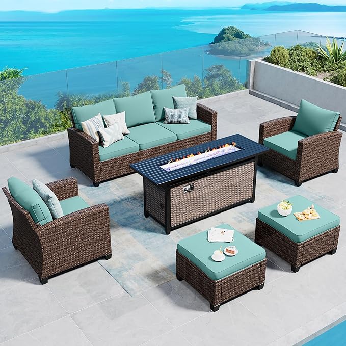 Patio Furniture Set Outdoor Furniture Brown Wicker Rattan Patio Conversation Sets with Cushion Outside Sofa Set,5 Pieces with Rectangular Firepit Table,7 Seats,Blue