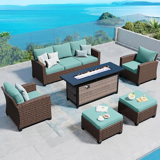 Patio Furniture Set Outdoor Furniture Brown Wicker Rattan Patio Conversation Sets with Cushion Outside Sofa Set,5 Pieces with Rectangular Firepit Table,7 Seats,Blue