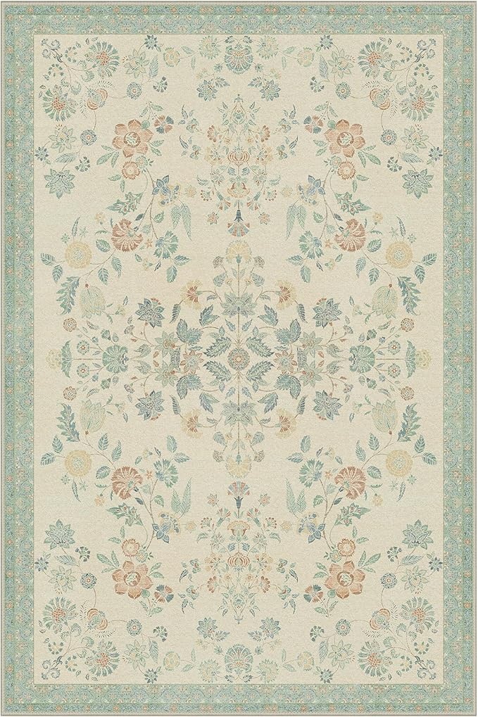 GENIMO 6x9 Area Rugs for Living Room, Machine Washable Non Slip Vintage Rugs, Low Pile Lightweight Chenille Print Rug for Bedroom, Dining Room, Home Office, Beige/Green