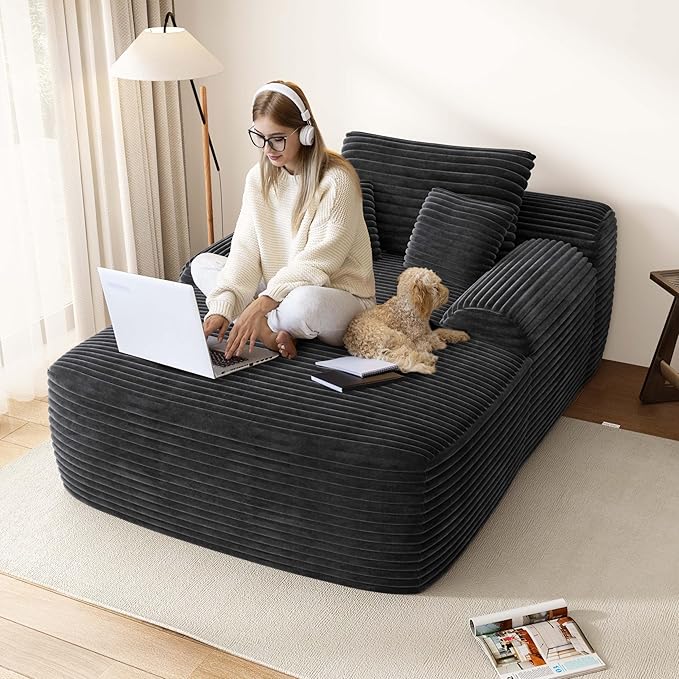67" Oversized Chaise Lounge Chair Indoor, Comfy Sleeper Sofa Bed, Grey Plush Corduory Couch for Living Room Bedroom,Sofa in A Box,No Assembly Required.