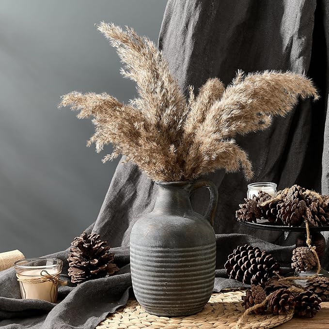 SIDUCAL Rustic Ceramic Farmhouse Flower Vase with 1 Handle-Height 8.43" Terracotta Vase, Unique Textured Pottery Flower Vases for Home Decor, Table, Wedding, Living Room, Shelf Decor, Bronze Black