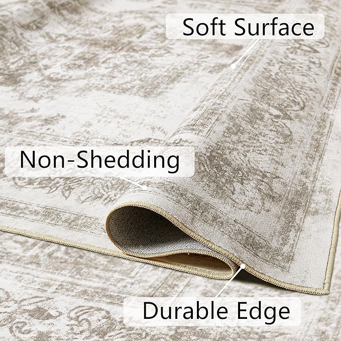 Area Rug 3x5 Washable Taupe Rug Vintage Boho Medallion Entryway Door Mat Entrance Distressed Retro Carpet Non Slip Low Pile Small Soft for Office Kitchen Bedroom Laundry Bathroom Hallway