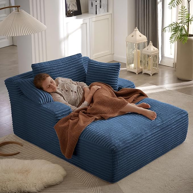 Boneless Couch Sofa Chiar Chaise Lounge Chair Indoor Upholstered Corduroy Couch Cloud Sleeper Sofa Oversized Reading Chair for Living Room No Assembly Required (Blue, 50" W x 67" D)