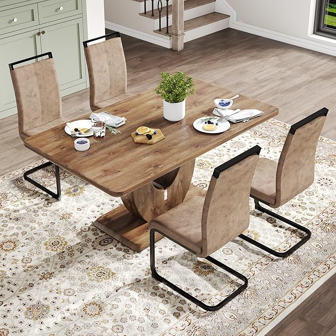 Wooden Dining Table Set for 4, 63" Modern Rectangular Wood Grain Table with Faux Leather Cantilever Dining Chairs, Upholstered High Back Kitchen & Dining Room Furniture