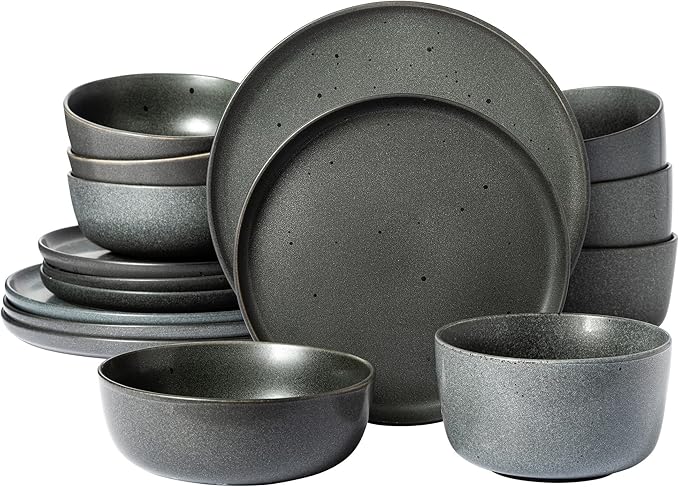 Gibson Elite James Street Stoneware Matte Reactive Double Bowl Dinnerware Set - Truffle Grey, Service for 4 (16pcs)