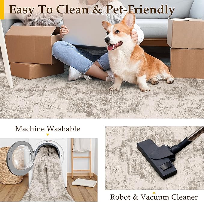 Runner Rug 3x7 Beige Hallway Washable Carpet Non Slip Vintage Medallion Carpet Low Pile Soft Distressed Retro Indoor Long Rug for Entryway Kitchen Bathroom Laundry Bedroom