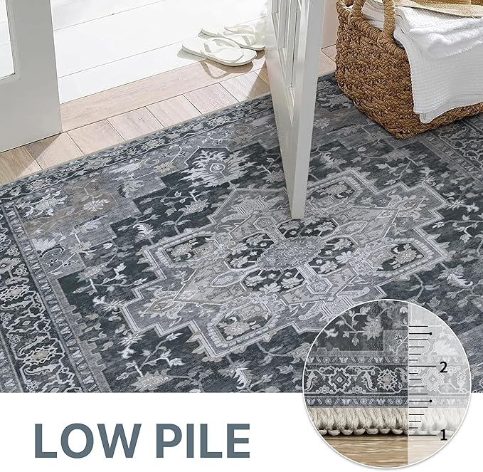 GENIMO 9x12 Area Rugs for Living Room, Machine Washable Non Slip Vintage Rugs, Low Pile Lightweight Chenille Print Rug for Bedroom, Dining Room, Home Office,Dark Gray