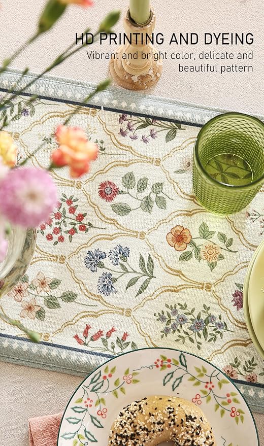 ISAENNE Designer Vintage Elegant Linen Table Runner 71 Inches Long,Colorful Wildflower Pattern Runner,Decor Table Runners for Dining Tables,Thanksgiving,Christmas,Banquet,12"*71"-Serenity B