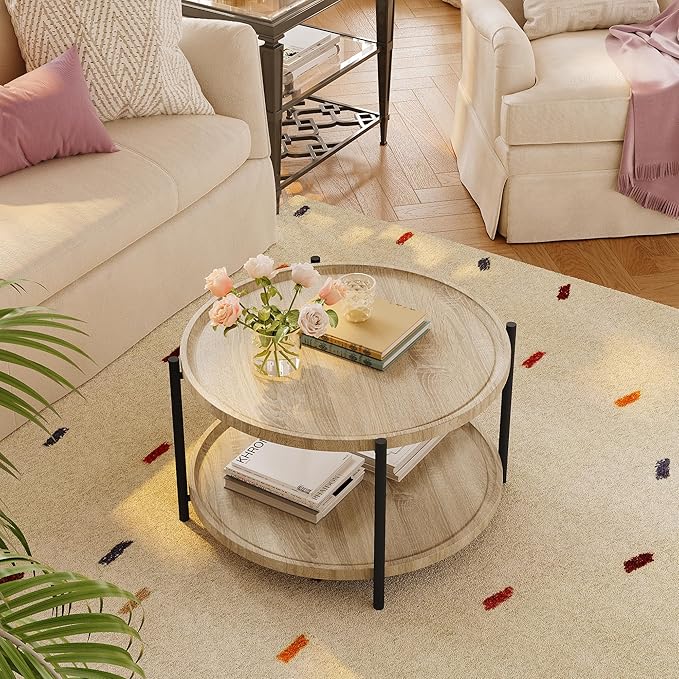 Round Coffee Table for Living Room, Rustic Wood Desktop Center Table with Sturdy Metal Legs, 2-Tier Circle Coffee Table with Storage Shelf, Small Space Center Sofa Table, Modern Home Furniture