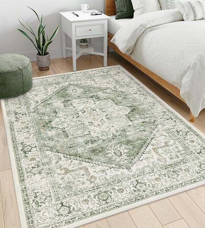 LIVEBOX Washable Area Rug 5x7 - Large Vintage Tribal Living Room Rug Vintage Non-Slip Indoor Rugs for Bedroom, Low-Pile Retro Carpet Print Distressed Accent Rugs for Nursery Entryway Office, Sage