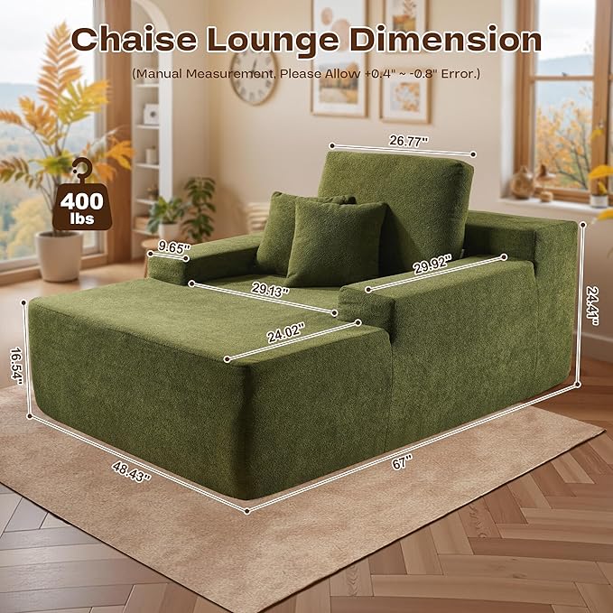 Chaise Lounge Chair Indoor, Oversized Sleeping Couch 67" L * 48.5" W Assembly Free Modern Minimalist Sofa, Extra Deep Large Single Seat Sofa for Living Room (Green Velvet Fabric)