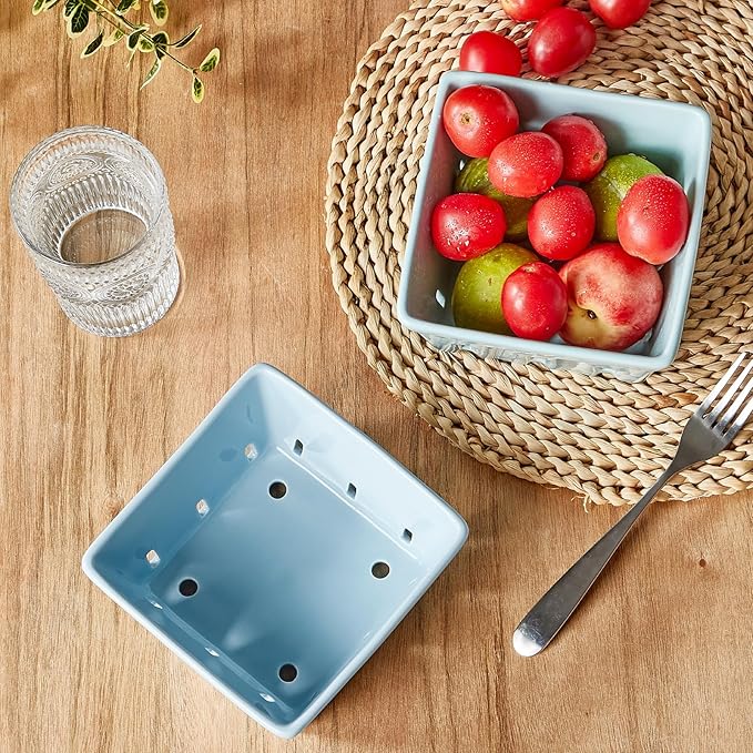 ONEMORE Berry Basket Ceramic Berry Bowls with Holes Square Fruit Bowl Berry Colander Containers for Fridge - 5.8" Fruit Basket for Kitchen Décor, Set of 2, Blue
