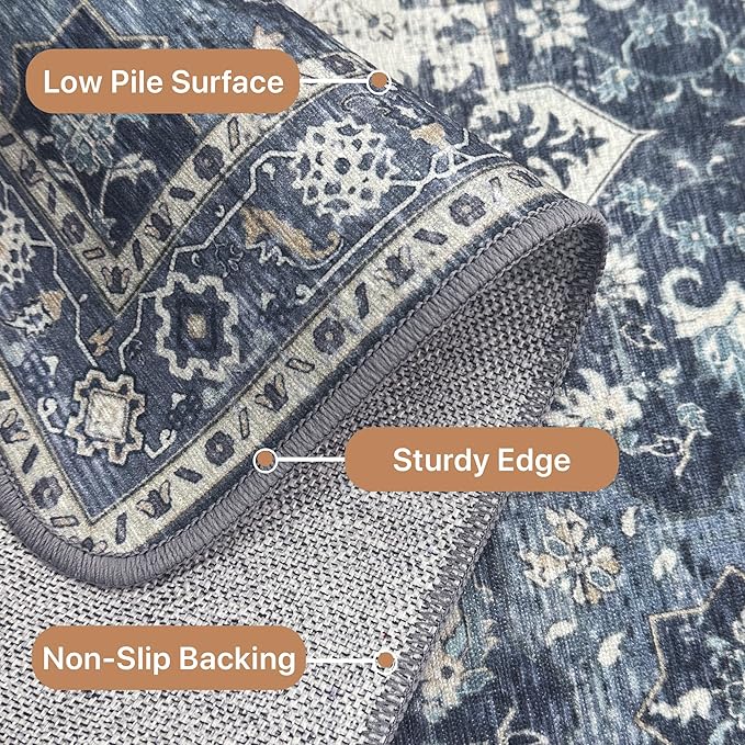 GENIMO 2x6 Runner Rugs for Hallway, Machine Washable Non Slip Vintage Rugs, Low Pile Lightweight Soft Print Rug for enrtyway, Corridor, Home Office, Kitchen, Center Blue