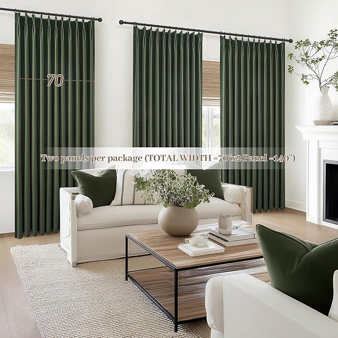 Curtains 70 Inch Length Extra Wide Pinch Pleated Black Out 84 Inch Long for Living Room, Olive Green Linen Thick Sliding Glass Door Heavy Duty Insulated Large Window Drapes (70"Wx84"Lx 2Panels Loden)