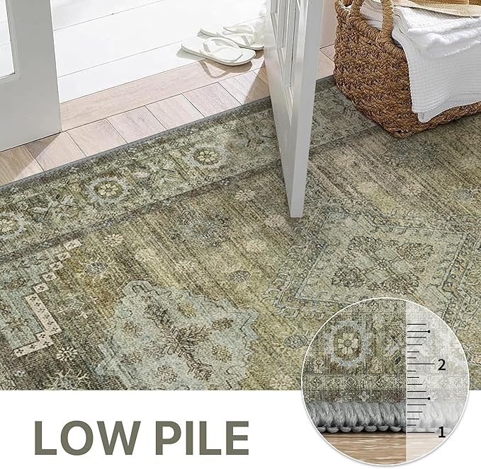 GENIMO Runner Rug 2x7 Non Slip Machine Washable Vintage Hallway Runner Rugs, Low Pile Lightweight Mat for Living Room, Entryway, Bedroom, Kitchen and Corridor, Distressed Sage
