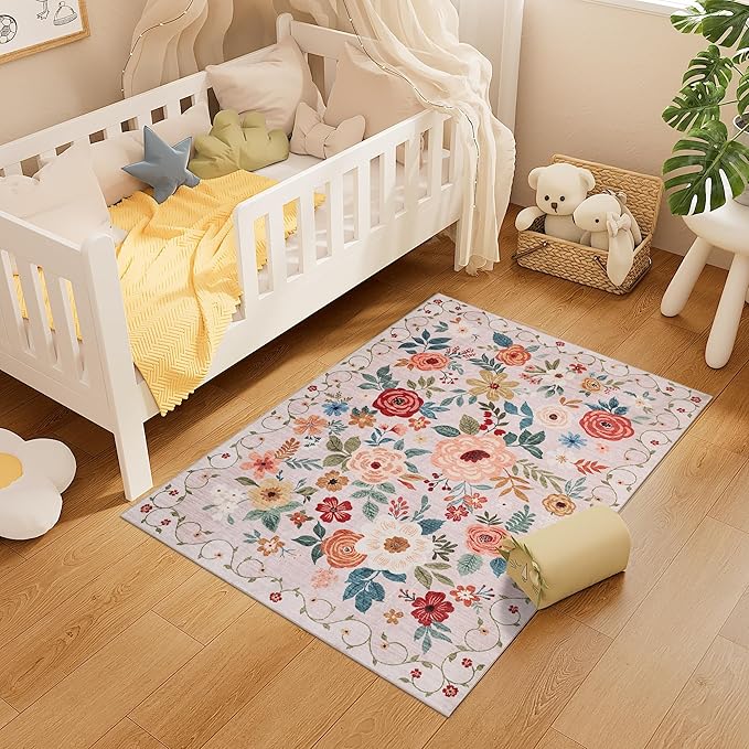 DUKINO 3x4 Area Rug, Lightweight Non Slip Washable Floral Rug, Indoor Low Pile & Non-Shedding Boho Design Carpets for Bedroom, Kitchen, Dining Room, Beige