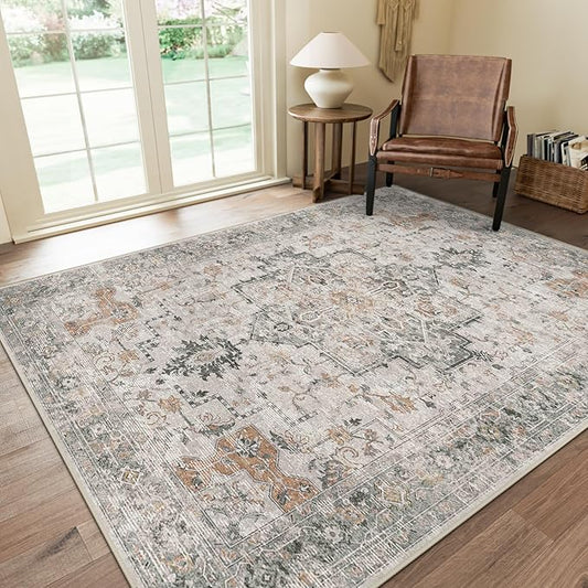 GENIMO 4x6 Area Rugs for Living Room, Machine Washable Low Pile Vintage Rugs, Non Slip Lightweight Chenille Print Rug for Bedroom, Dining Room, Home Office, Light Taupe Brown