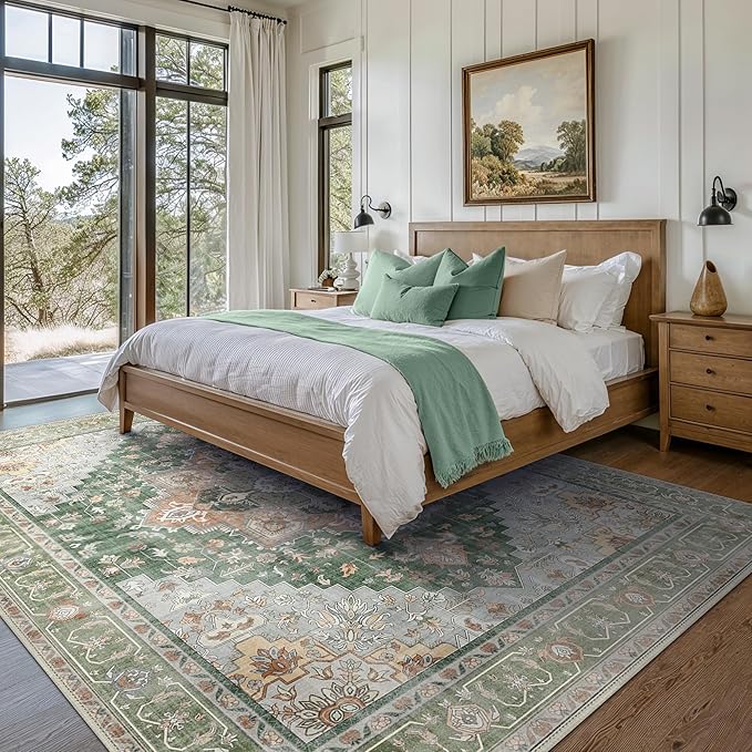 GENIMO 7x10 Area Rugs for Living Room, Machine Washable Non Slip Vintage Rugs, Low Pile Lightweight Chenille Print Rug for Bedroom, Dining Room, Home Office,Sage Green