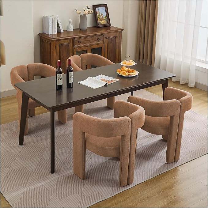 Modern Barrel Dining Chairs Set of 2, Upholstered Linen Dining Room Chair with Wooden Legs, Accent Chairs for Kitchen/Dining Room/Living Room, Brown