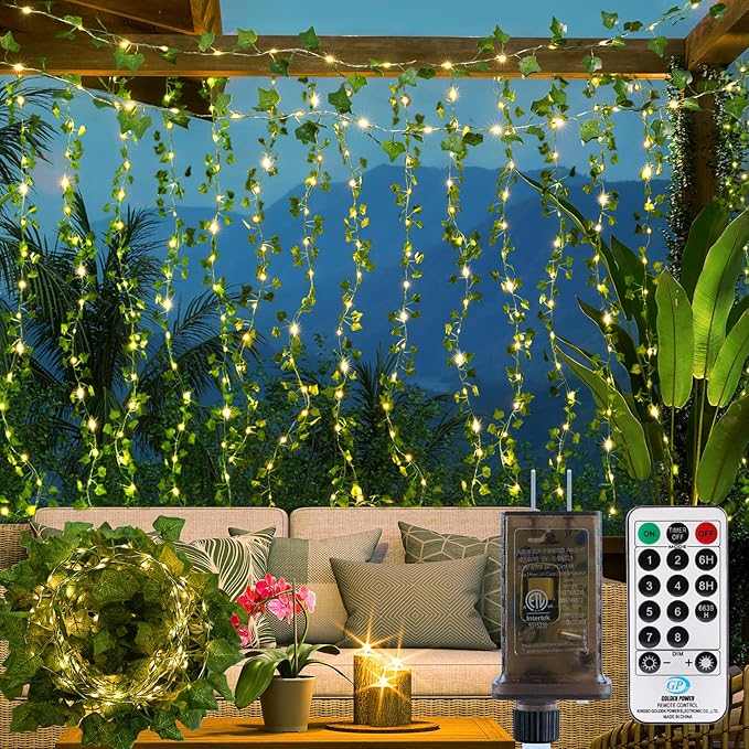 OMIKA Vine with Fairy Lights Plug in, 66FT 200 LED Ivy String Lights Connectable with Remote, Leaf Light Waterproof for Bedroom, Room, Wall, Garden, Party, Wedding Decor (Warm White)