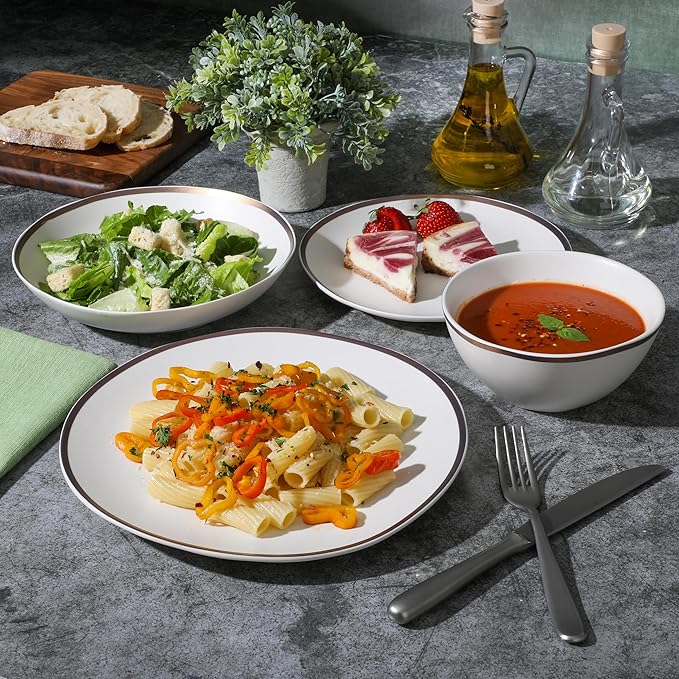 Gibson Elite Kings Road Double Plates and Bowl Organic Round Porcelain Chip and Scratch Resistant Dinnerware Set - Matte White w/Gold Rim