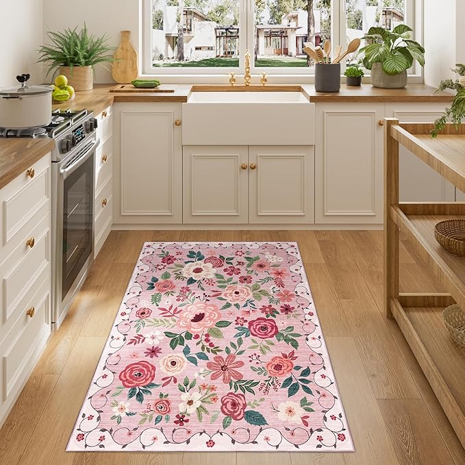 DUKINO 3x4 Area Rug, Lightweight Non Slip Washable Floral Rug, Indoor Low Pile & Non-Shedding Boho Design Carpets for Bedroom, Kitchen, Dining Room, Pink