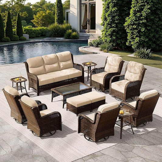 HILLGA Luxury Patio Furniture Set with 6-Inch Thick Cushions, High Back Outdoor Swivel Rocker Chairs and Patio Couch, 13-Piece All Weather Conversation Set for Porch Deck Pool Yard, Beige (V3)