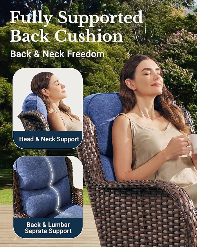 HILLGA Luxury High Back Patio Furniture Set with 6-Inch Thick Cushion, 8-Piece Outdoor Conversation Set with Sofa, Swivel Rocker Chairs & Ottomans, Ideal for Porch Pool Deck Yard (Blue)