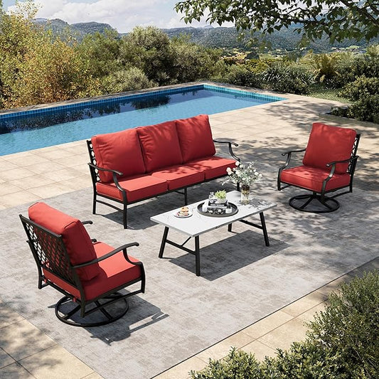 HERA'S HOUSE 4 Piece Patio Furniture Set, 2 x Swivel Cushioned Chair, 3-Seat Sofa with Marbling Coffee Table, All Weather Outdoor Conversation Set for Lawn Garden Backyard, Red