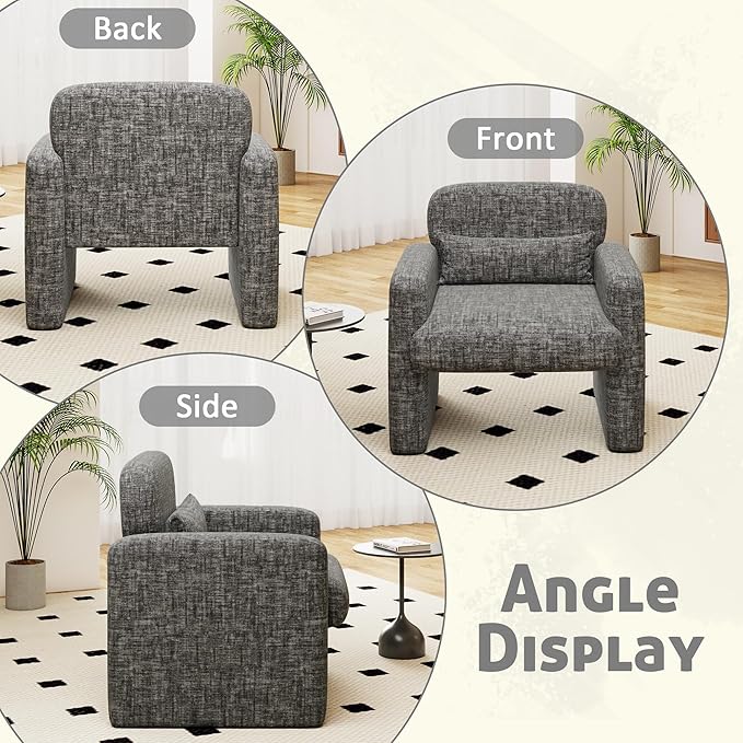LSSPAID Modern Accent Chairs, Chenille Fabric Armchairs for Living Room, Comfy Upholstered Leisure Single Sofa Chair with Lumbar Pillow for Bedroom, Balcony, Office (Charcoal, Set of 1)