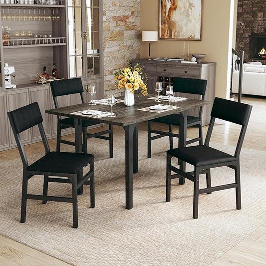 Dining Table Set for 4, Extendable Kitchen Table Cushion Chairs Set of 4, Rectangle Dining Table with Metal Frame & MDF Board, Folding for Small Apartment Saving Space, Grey Oak