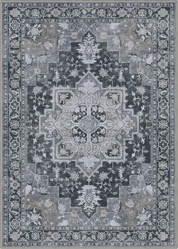 GENIMO 7'6''x9'6'' Area Rugs for Living Room, Machine Washable Non Slip Vintage Rugs, Low Pile Lightweight Chenille Print Rug for Bedroom, Dining Room, Home Office,Dark Gray