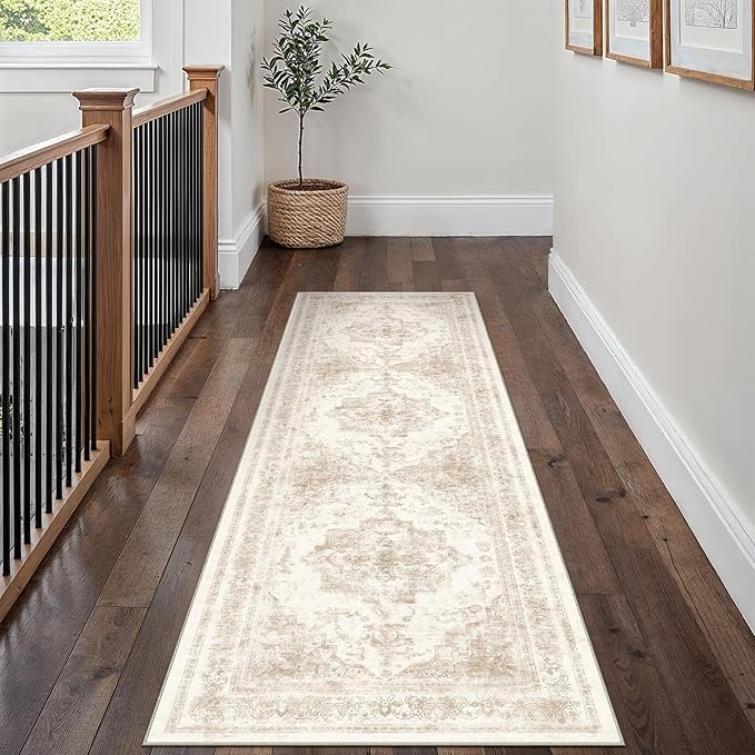 Runner Rug 2x7 Cream Hallway Washable Beige Carpet Non Slip Vintage Medallion Beige Carpet Low Pile Soft Distressed Retro Indoor Long Rug for Entryway Kitchen Bathroom Laundry Bedroom