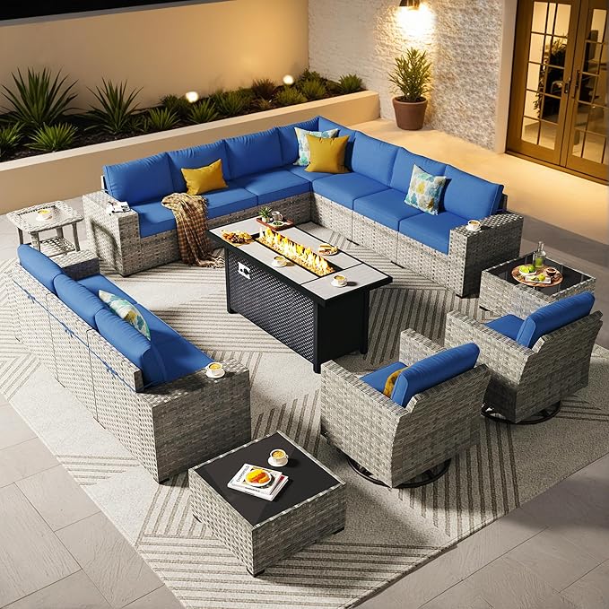 ovios 16 Pieces Patio Furniture Set, Outdoor Wicker Sectional Sofa with 54" Fire Pit Table Swivel Chairs, Modern Modular Deep Seat Rattan Couch Conversation Sets, Navy Blue