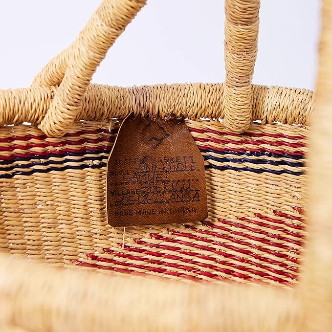 AYÉYA Mini Market Basket – Small Neutral African Handwoven Basket with Leather Handle – Artisan Wicker Tote for Storage, Gifting, or Garden Use – Handmade in Ghana