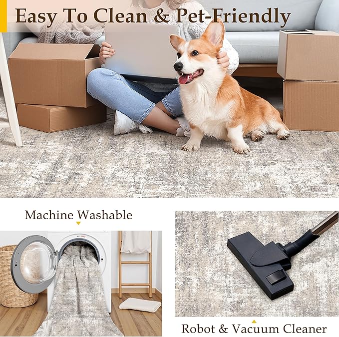 Machine Washable Runner Rug 2x6 Beige Gray Hallway Neutral Indoor Accent Modern Abstract Kitchen Low Pile Carpet Non Slip Distressed Throw Area Rug Living Room Bedroom Office Dining Room