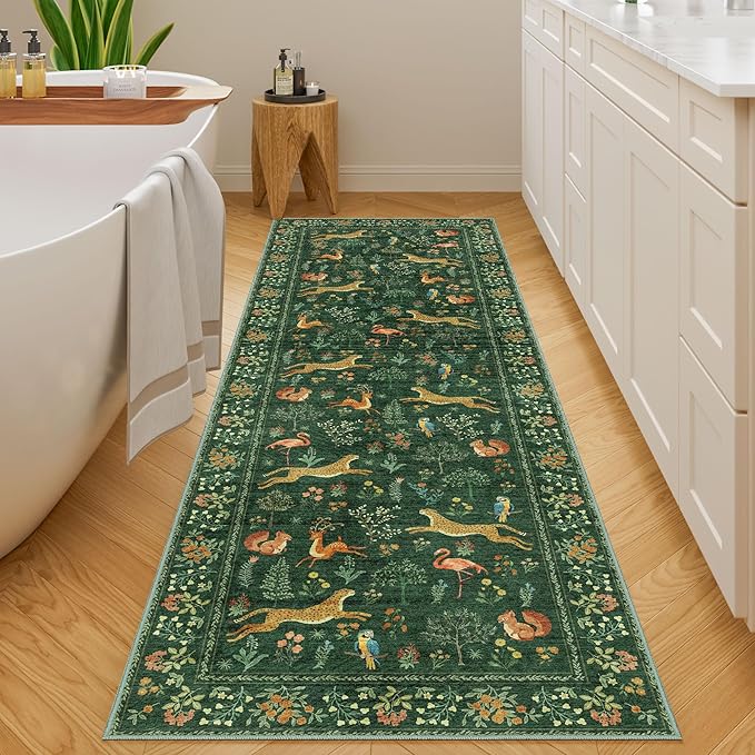 DUKINO 2x10 Rug for Hallway, Washable Kitchen Runner Rug with Non Slip Backing, Soft Low Pile Vintage Animal Runner for Bedroom, Kitchen, Hallway, Entryway, Laundry, Green