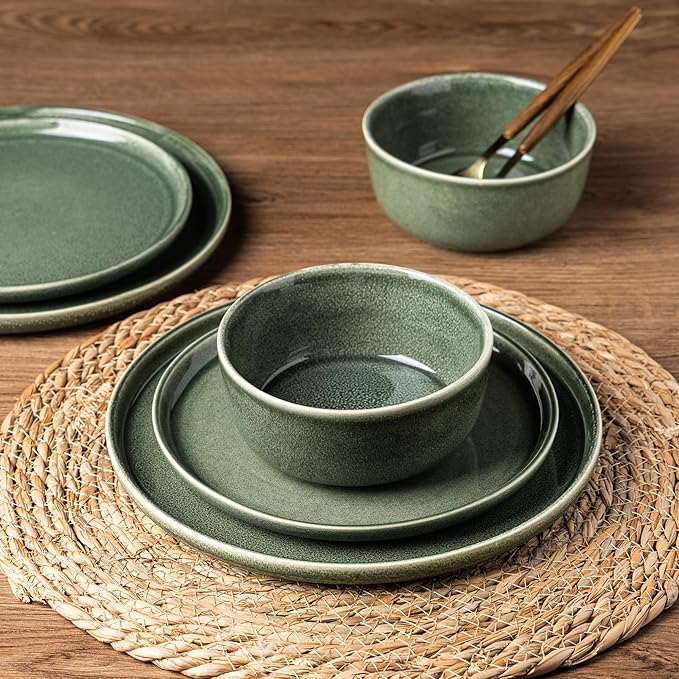 AmorArc Stoneware Dinnerware Sets,Round Reactive Glaze Ceramic Plates and Bowls Set,Highly Scratch Resistant | Dishwasher & Microwave Safe Dishes,Service for 6 (18pc) Jade Green