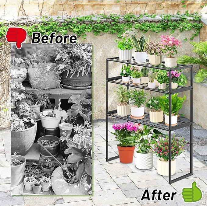 Metal Plant Stand Indoor Outdoor, 3 Tier Potted Multiple Flower Pot Holder Rack Plant Shelf, Heavy Duty Planter Display Shelving for Patio Balcony Garden Living Room Decorative (Black-3 Tier)